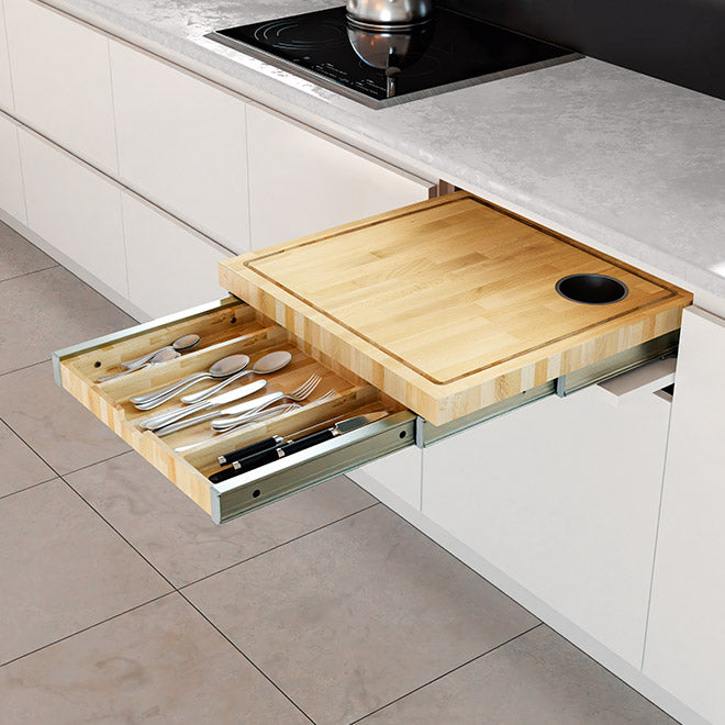 Load image into Gallery viewer, Salice Atim Blade pull-out chopping board drawer extended
