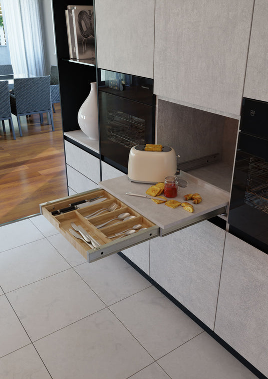 Salice Atim - Universal Box – Pull-out Column Worktop with Beech Cutlery Tray (600mm / 900mm Width)